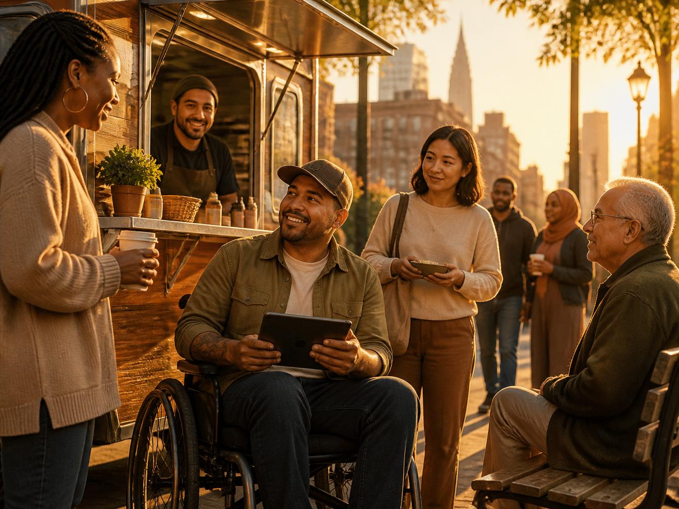 A veteran entrepreneur using a tablet beside a welcoming New York City food cart