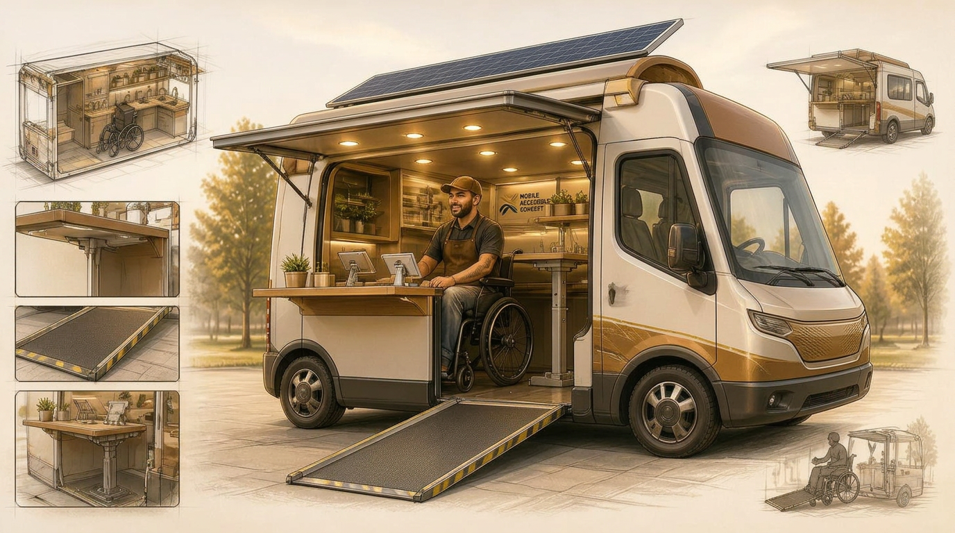 Conceptual illustration of a modular, accessible, clean-energy food-vending vehicle with adjustable workstations, ramped entry, and solar panels.